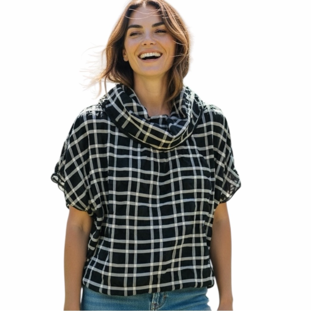 CHALET ET CECI Kyoko Reversible Top Black White Windowpane Bubble Crinkle Large